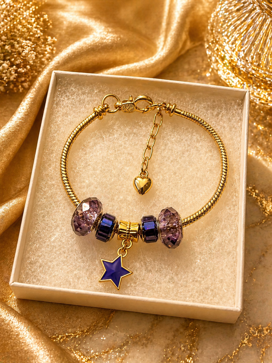 Gold Charm Bracelet – Snake Chain with Unique Designed Beads - Purple