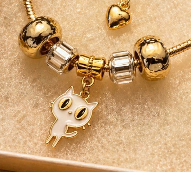 Gold Charm Bracelet – Snake Chain with Unique Designed Beads - White & Black
