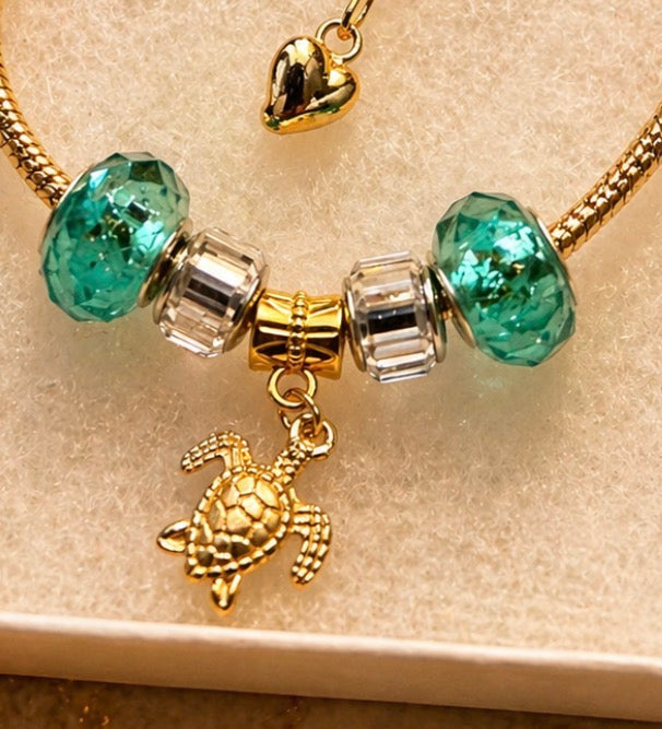 Gold Charm Bracelet – Snake Chain with Unique Designed Beads - Teal