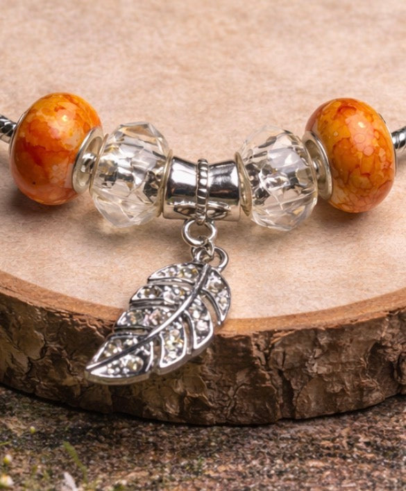 925 Sterling Silver Charm Bracelet – Snake Chain with Beads - Orange