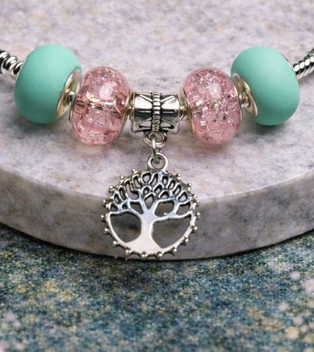 925 Sterling Silver Charm Bracelet – Snake Chain with Beads - Teal and Pink