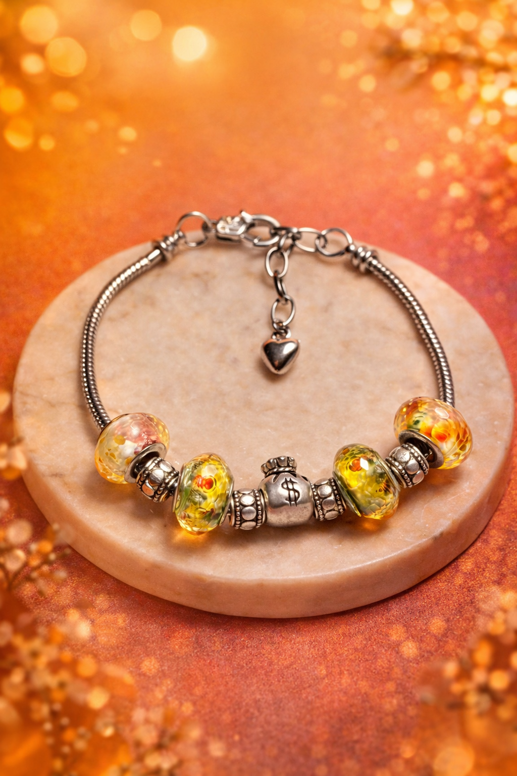 925 Sterling Silver Charm Bracelet – Snake Chain with Beads - Money Bag Charm