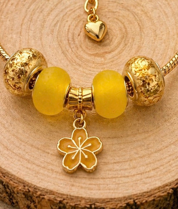 Gold Charm Bracelet – Snake Chain with Unique Designed Beads - Yellow