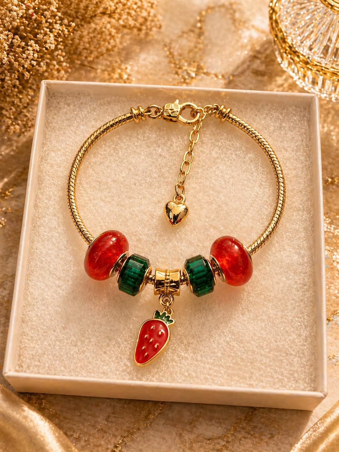 Gold Charm Bracelet – Snake Chain with Unique Designed Beads- Red