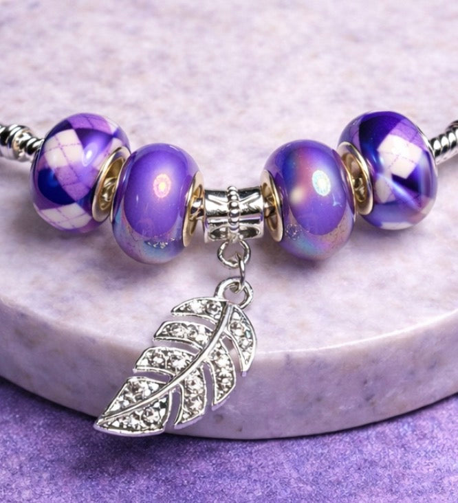925 Sterling Silver Charm Bracelet – Snake Chain with Beads - Purple