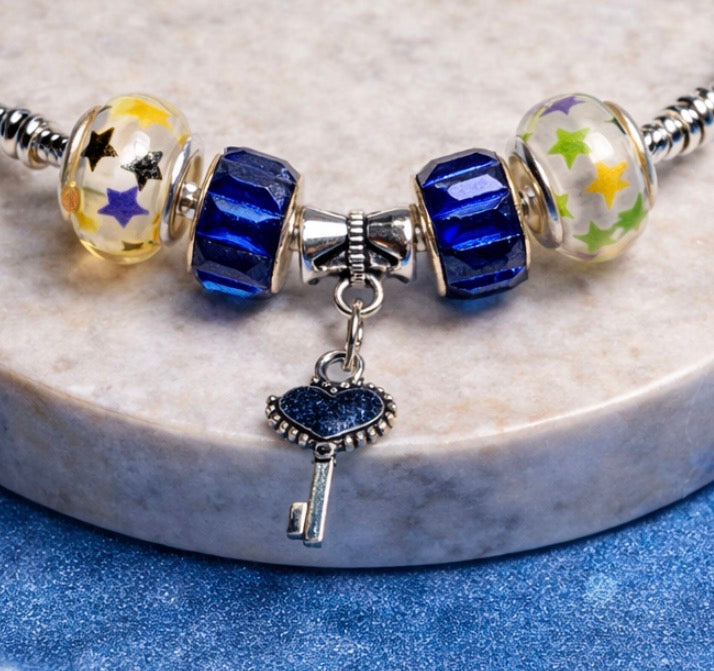 925 Sterling Silver Charm Bracelet – Snake Chain with Beads - Blue with Star Beads