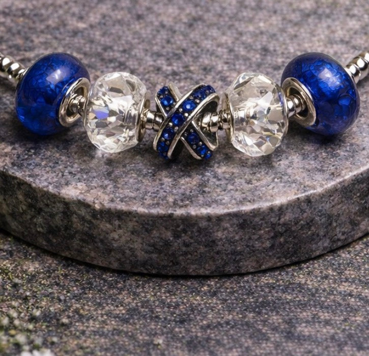 925 Sterling Silver Charm Bracelet – Snake Chain with Beads - Crystal Blue
