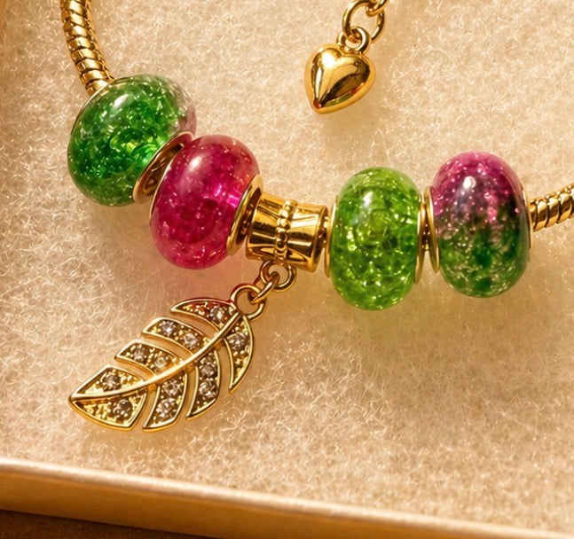 Gold Charm Bracelet – Snake Chain with Unique Designed Beads - Pink & Green