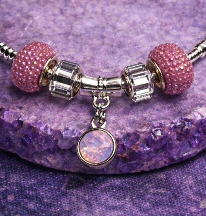 925 Sterling Silver Charm Bracelet – Snake Chain with Beads - Pink
