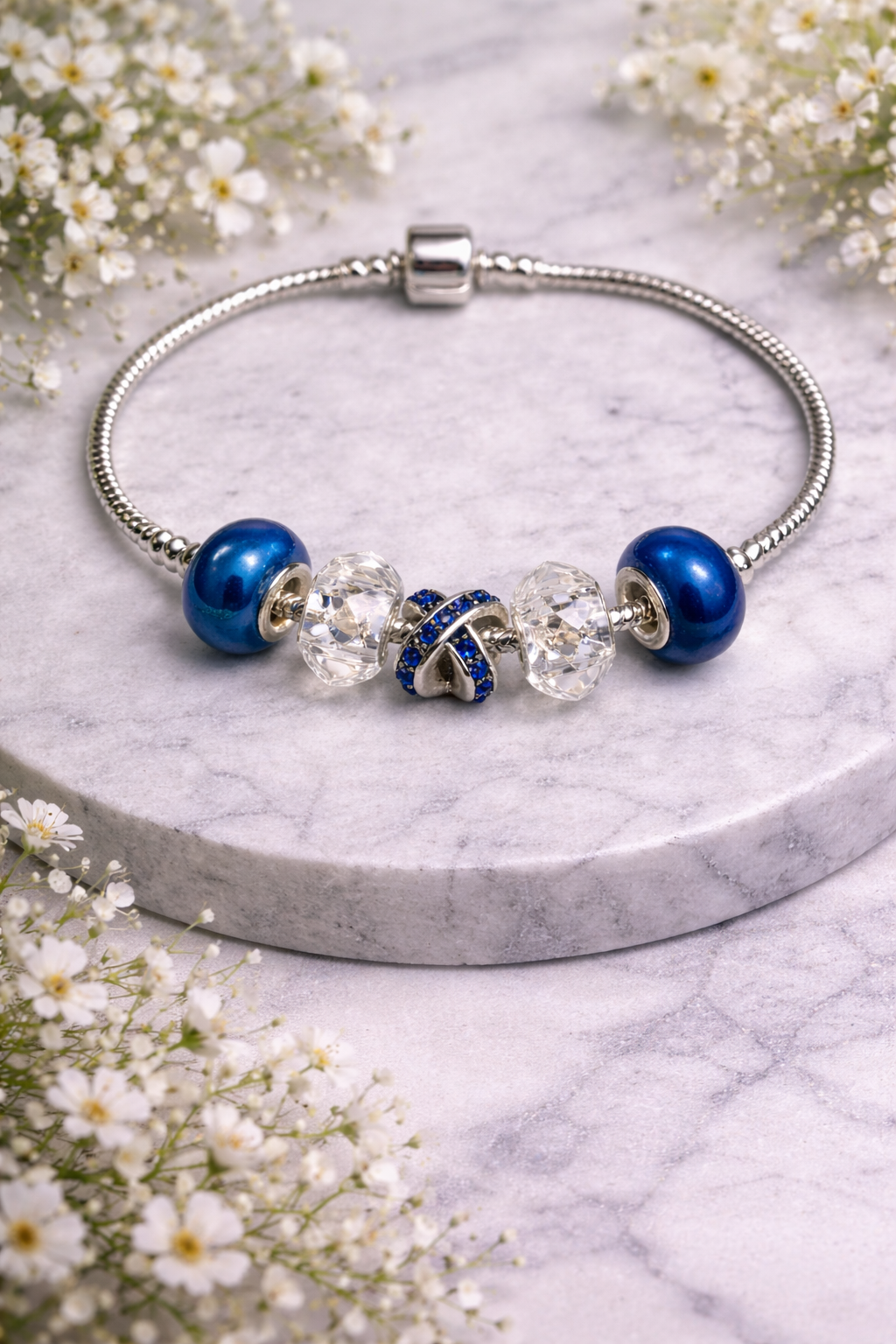925 Sterling Silver Charm Bracelet – Snake Chain with Beads -  Shiny Blue