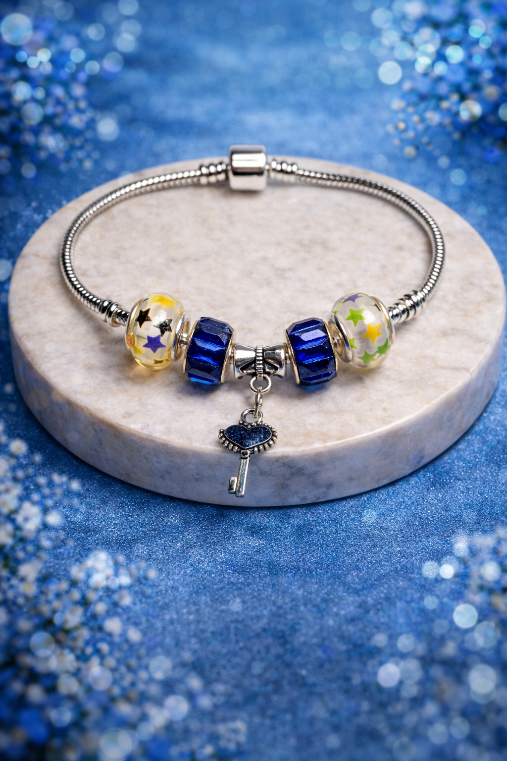 925 Sterling Silver Charm Bracelet – Snake Chain with Beads - Blue with Star Beads