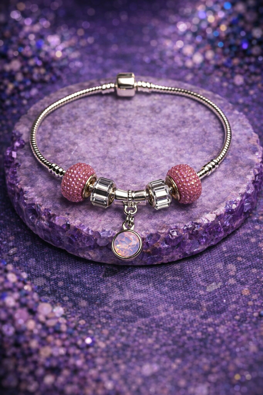925 Sterling Silver Charm Bracelet – Snake Chain with Beads - Pink