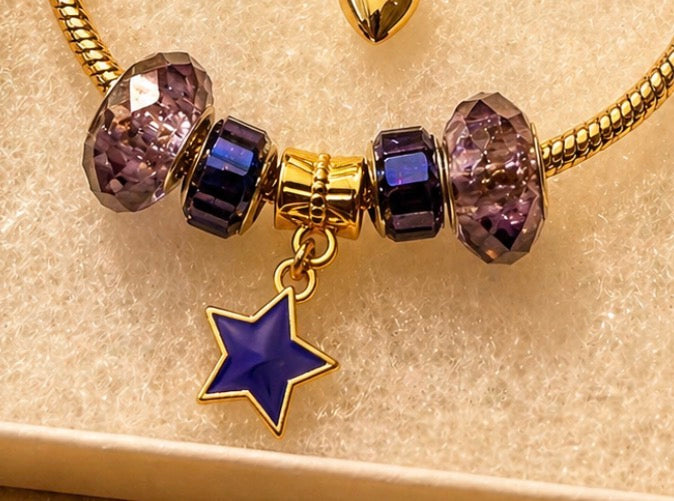 Gold Charm Bracelet – Snake Chain with Unique Designed Beads - Purple