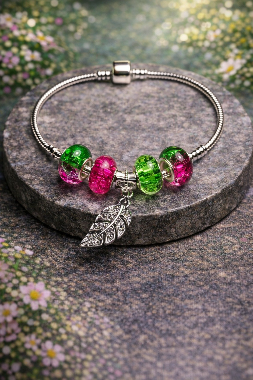 925 Sterling Silver Charm Bracelet – Snake Chain with Beads - Green and Pink