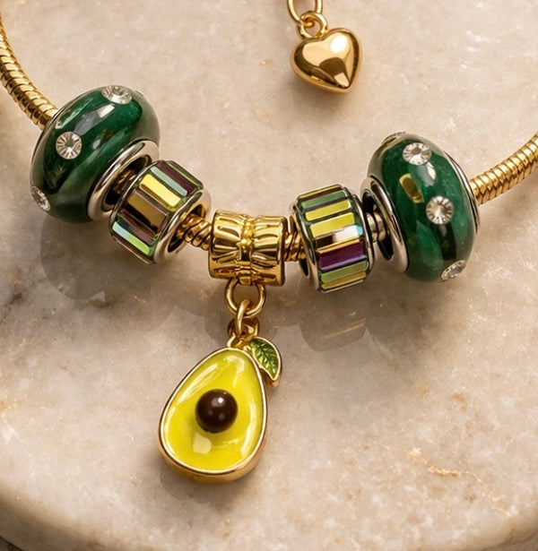 Gold Charm Bracelet – Snake Chain with Unique Designed Beads