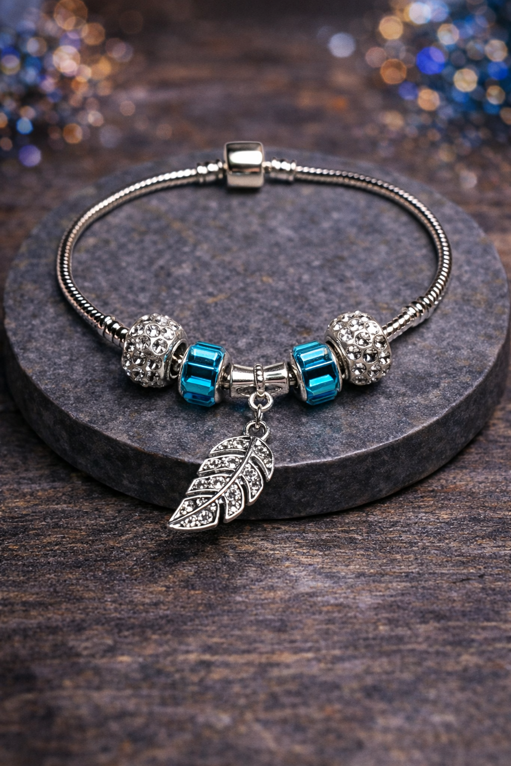 925 Sterling Silver Charm Bracelet – Snake Chain with Beads - Blue
