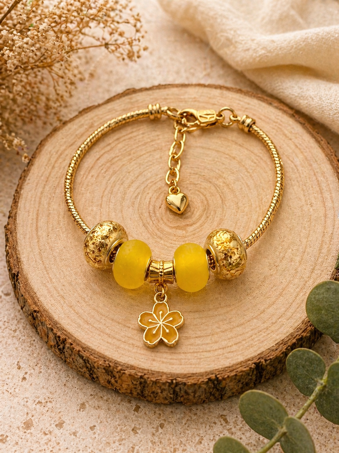 Gold Charm Bracelet – Snake Chain with Unique Designed Beads - Yellow