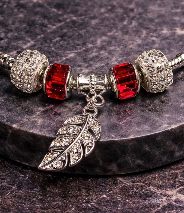 925 Sterling Silver Charm Bracelet – Snake Chain with Beads - Red