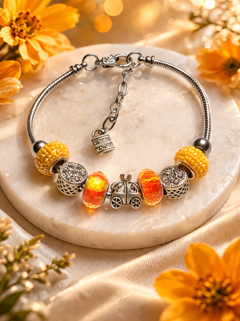 925 Sterling Silver Charm Bracelet – Snake Chain with Beads - Yellow and Orange