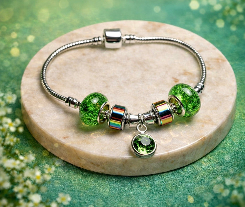 925 Sterling Silver Charm Bracelet – Snake Chain with Beads - Green
