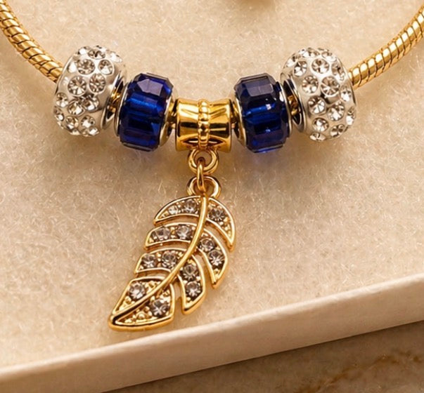 Gold Charm Bracelet – Snake Chain with Unique Designed Beads - Dark Blue