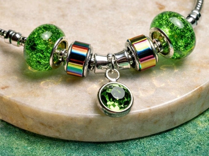925 Sterling Silver Charm Bracelet – Snake Chain with Beads - Green