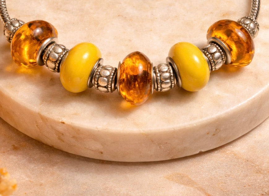 925 Sterling Silver Charm Bracelet – Snake Chain with Beads - Yellow and Brown