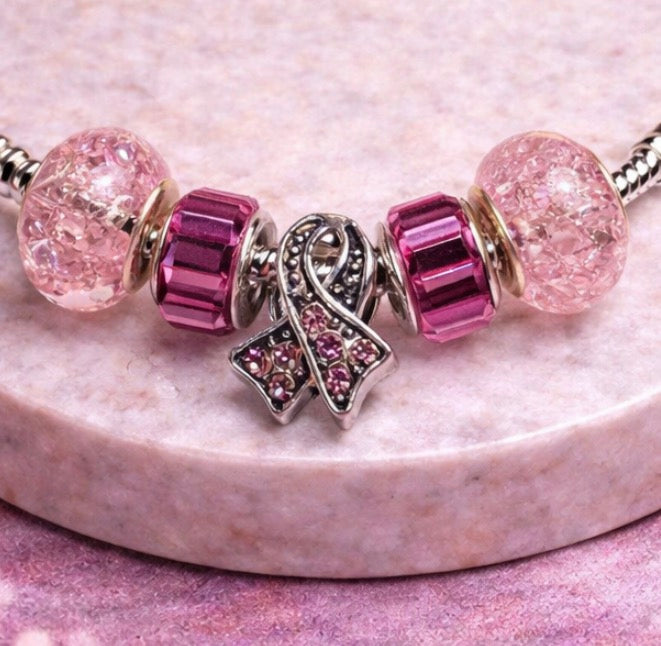925 Sterling Silver Charm Bracelet – Snake Chain with Beads - Pink - Cancer Awareness