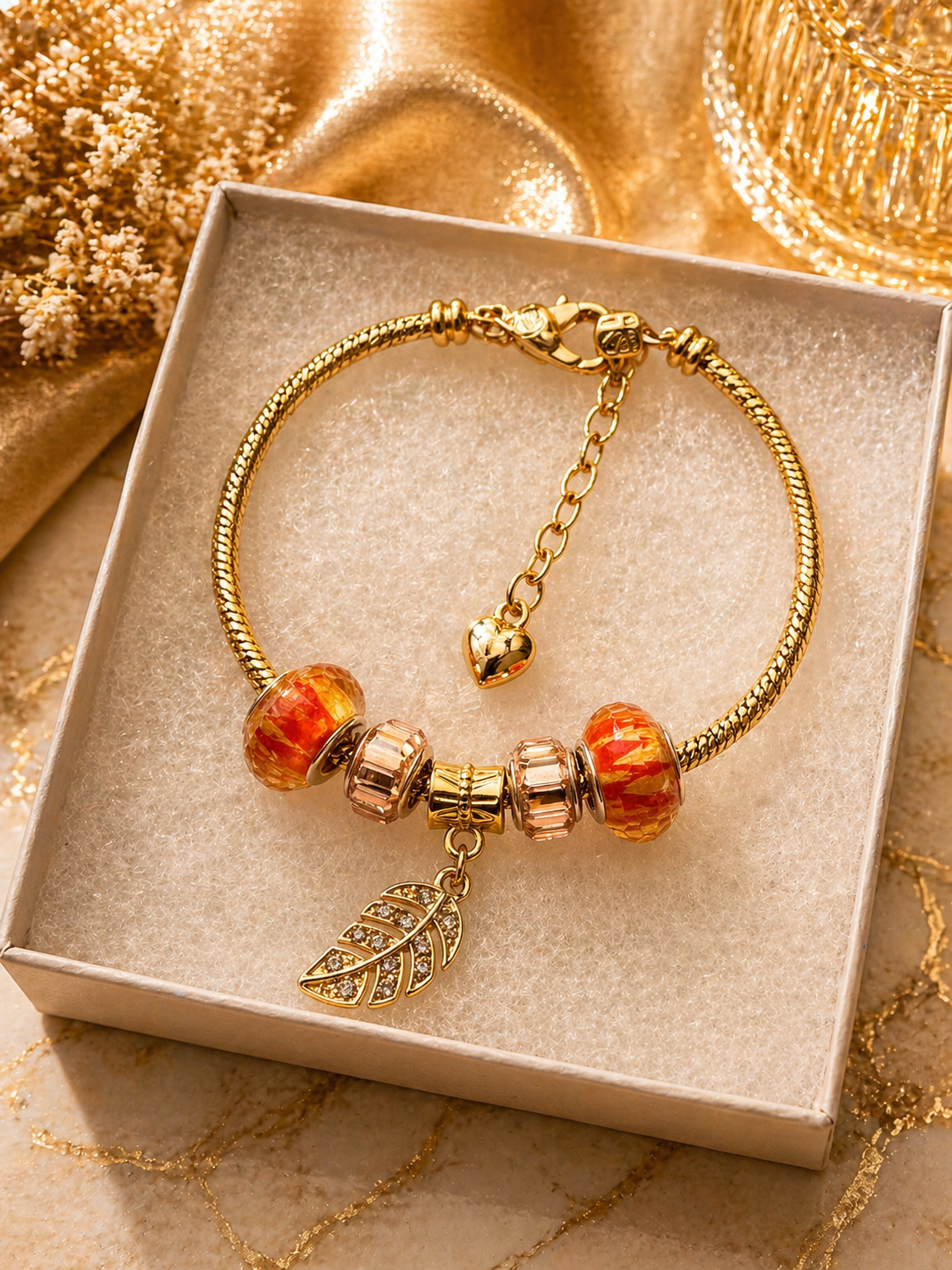 Gold Charm Bracelet – Snake Chain with Unique Designed Beads Overview - Orange