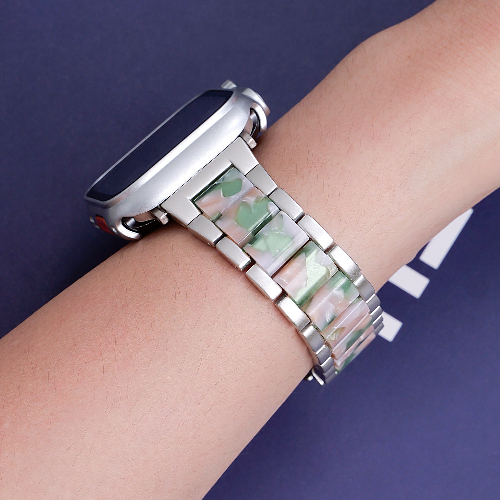 Metal Rainbow Resin Apple Watch Strap – Three-Bead Folding Buckle Replacement Band