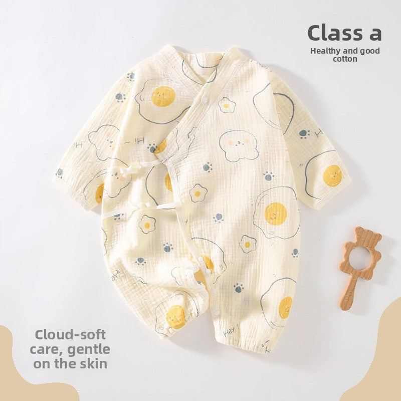 100% Cotton Baby Romper – Long Sleeve Gauze Slanted Tie Jumpsuit (Four-Season Wear)