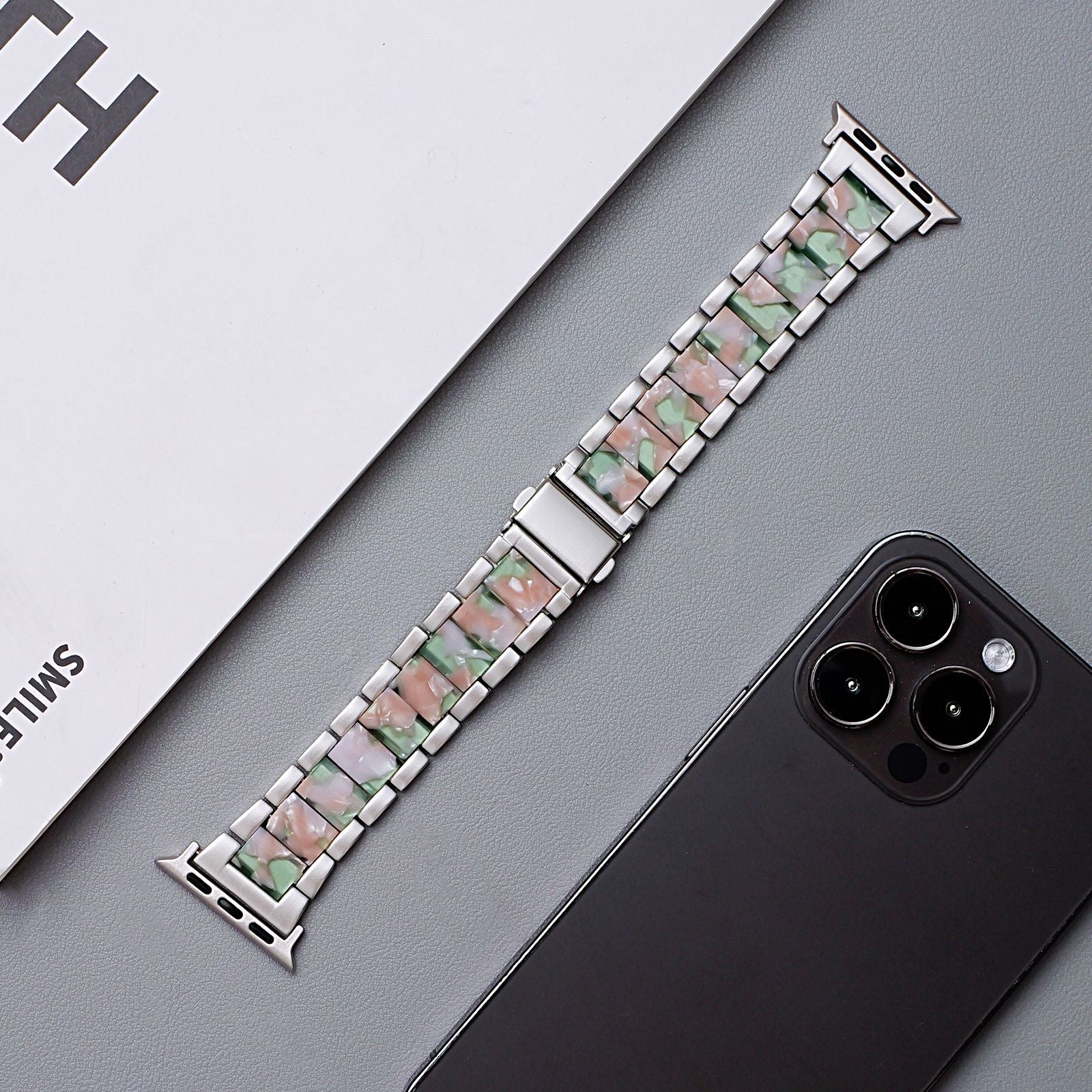 Metal Rainbow Resin Apple Watch Strap – Three-Bead Folding Buckle Replacement Band