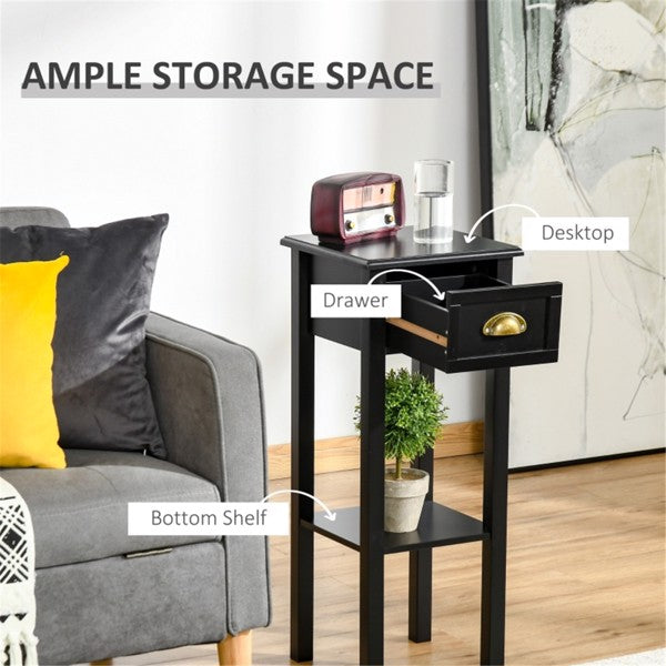 Black Slim Side Table – Compact Nightstand with Drawer & Open Shelf