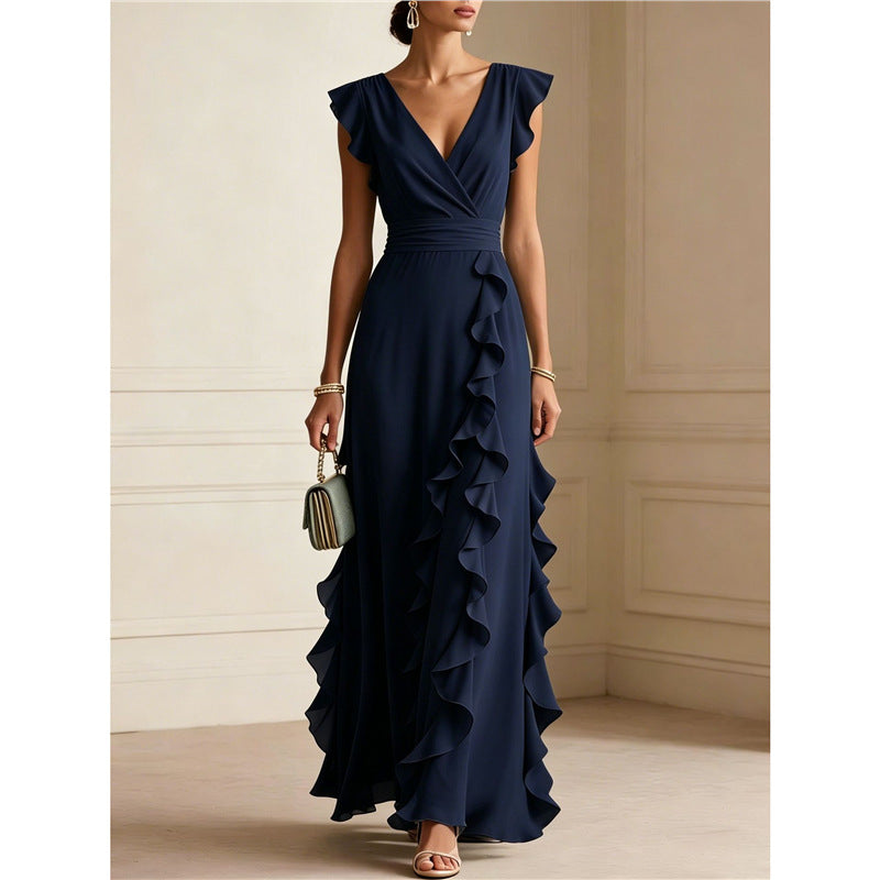 Women’s Sleeveless Maxi Dress – V-Neck High Waist Pleated Dress