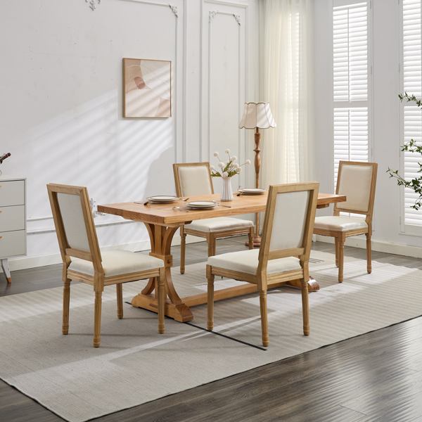 French Country Linen Dining Chair with Rattan Back – Solid Wood Frame