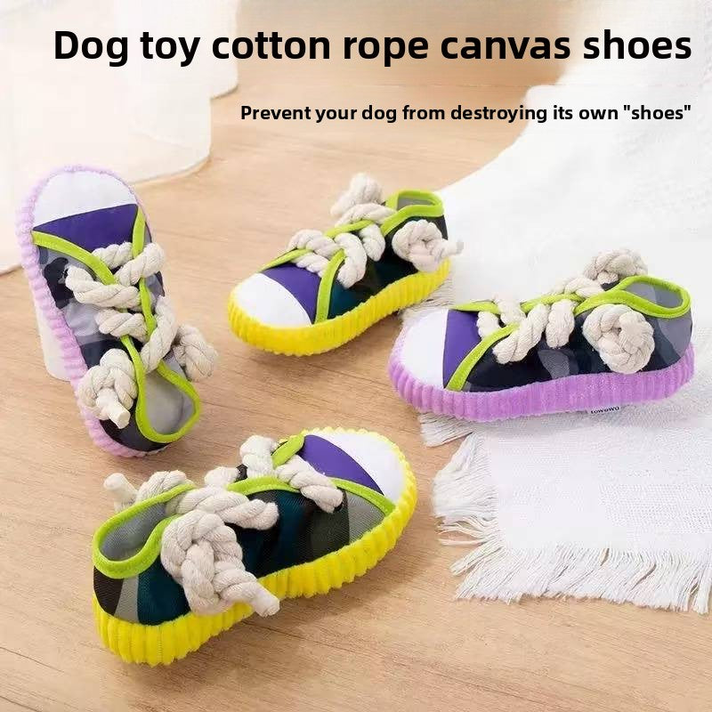 Dog Squeaky Shoe Toy – Canvas & Cotton Rope Chew Toy for Pets