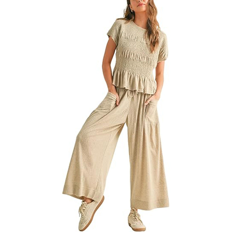 Women’s Two-Piece Lounge Set – Short Sleeve Top & Wide-Leg Pants Outfit