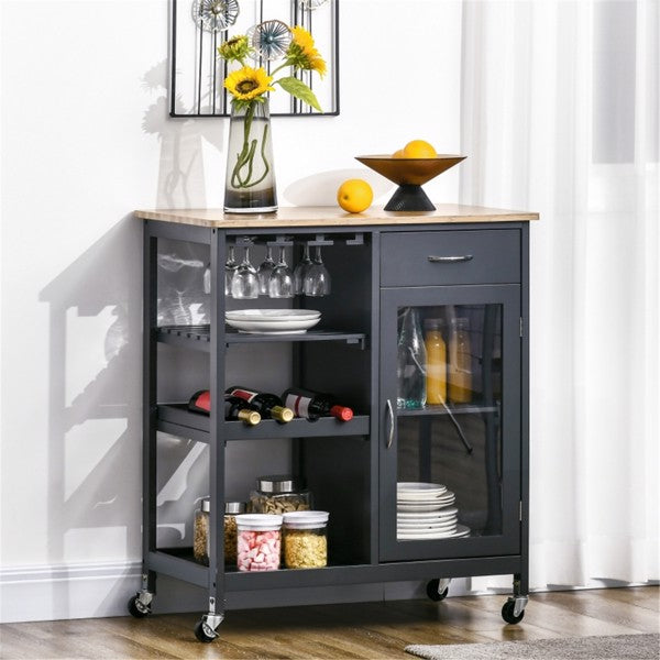 Modern Grey Wine Cart – Bamboo Grain Top with Storage & Rolling Wheels