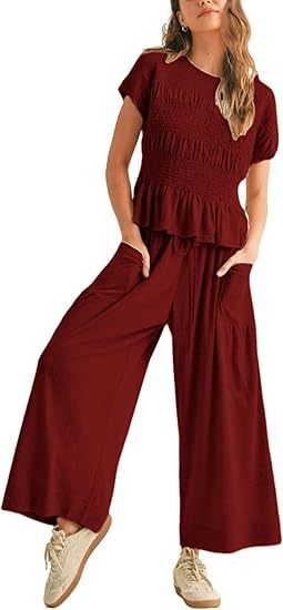 Women’s Two-Piece Lounge Set – Short Sleeve Top & Wide-Leg Pants Outfit