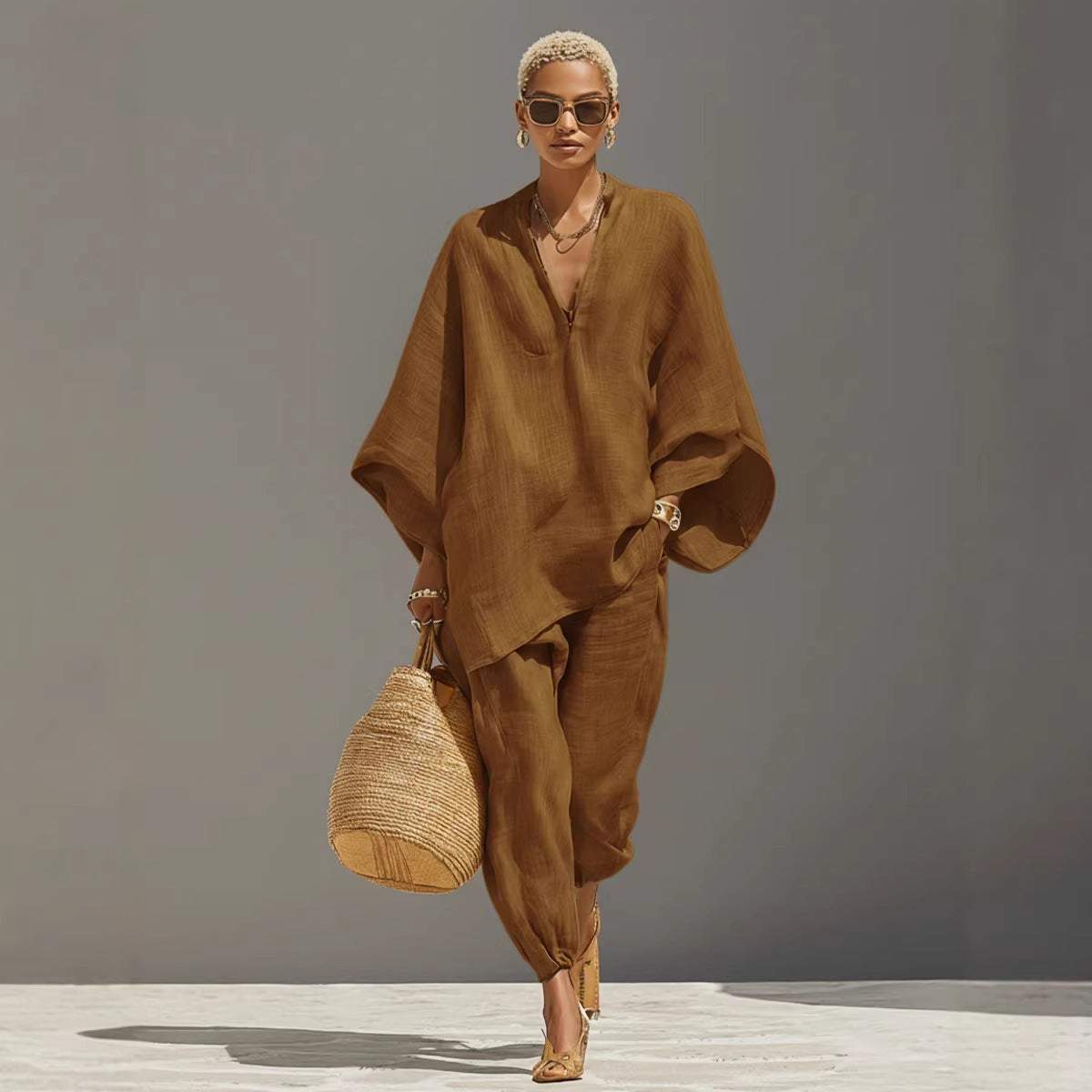 Women’s Batwing Sleeve Lounge Set – Loose Fit V-Neck Two-Piece Outfit