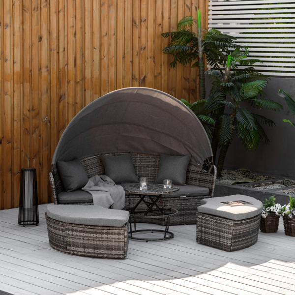 4-Piece Outdoor Rattan Daybed Set with Retractable Canopy – Multi Gray