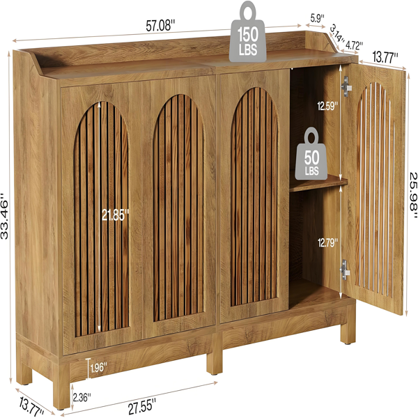 Vintage Oak Shutter Door Buffet Cabinet – Four-Door Sideboard with Adjustable Shelves