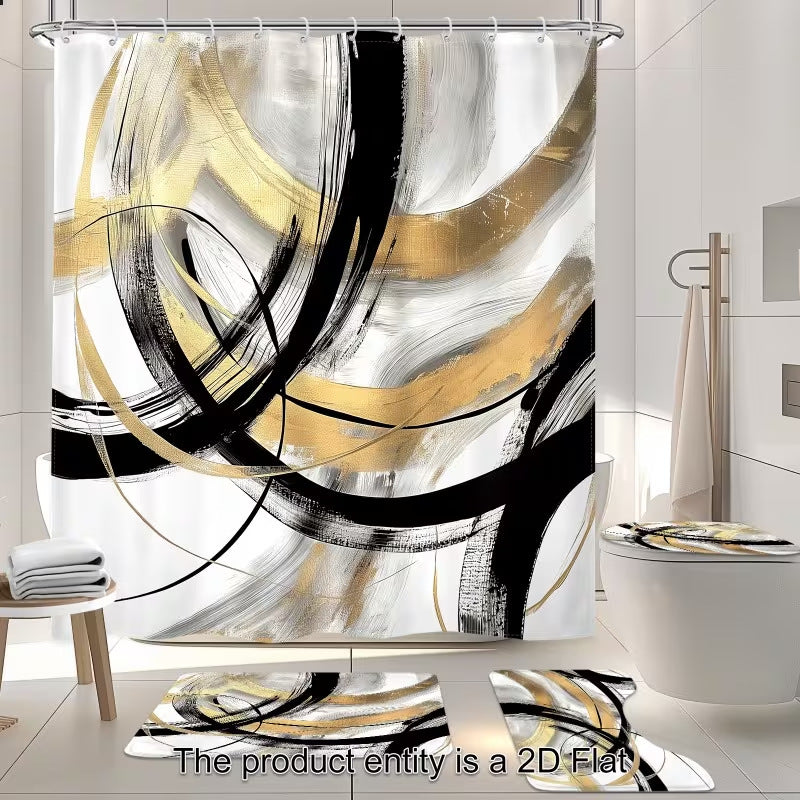 Geometric Shower Curtain Set – 4-Piece Bathroom Decor with Mats