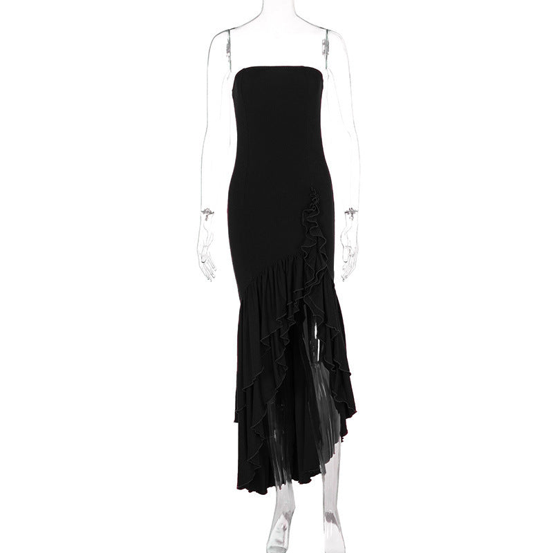 Women’s Off-Shoulder Maxi Dress – Asymmetrical High Waist Lotus Hem Dress