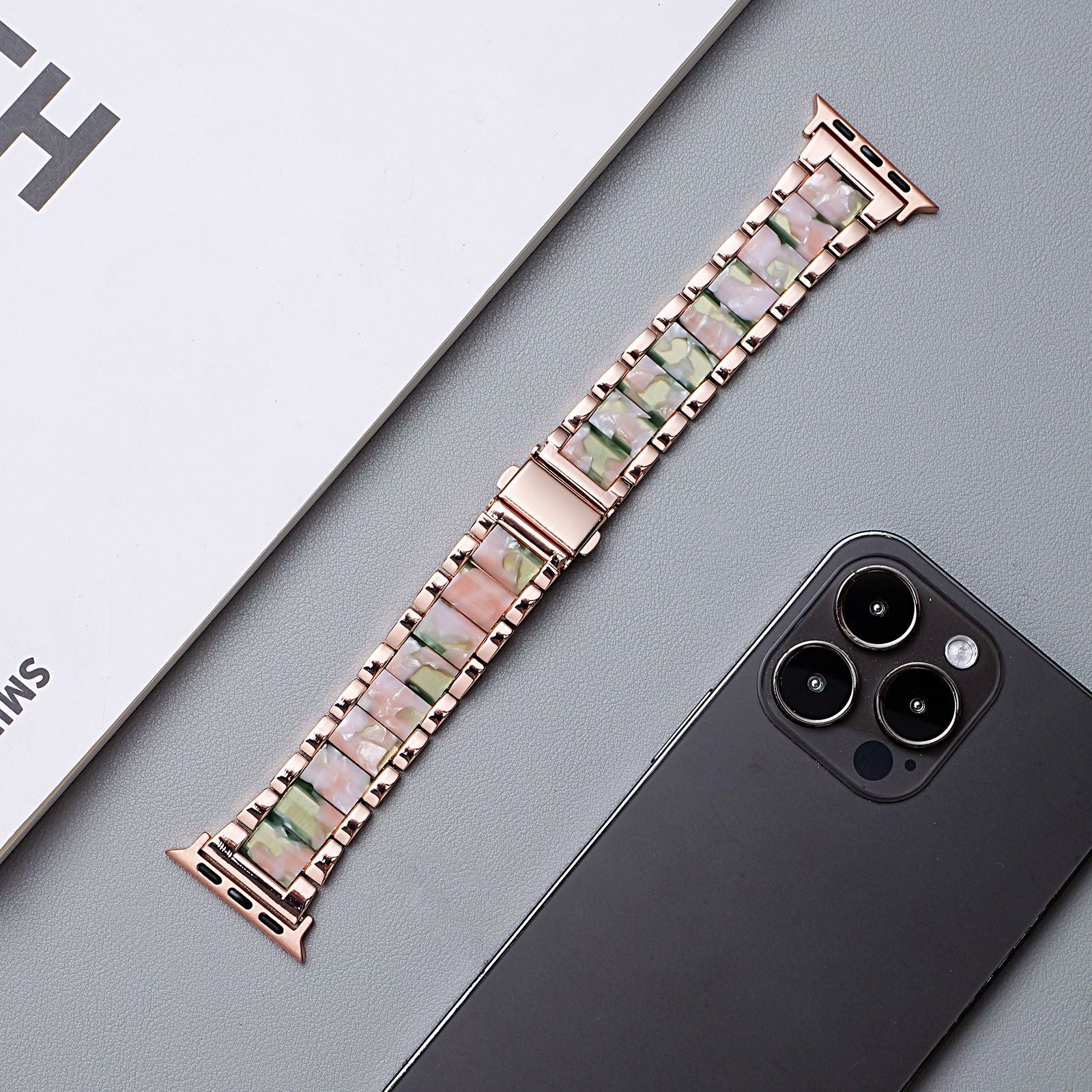 Metal Rainbow Resin Apple Watch Strap – Three-Bead Folding Buckle Replacement Band