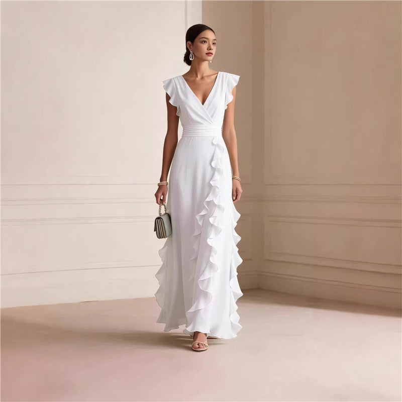 Women’s Sleeveless Maxi Dress – V-Neck High Waist Pleated Dress