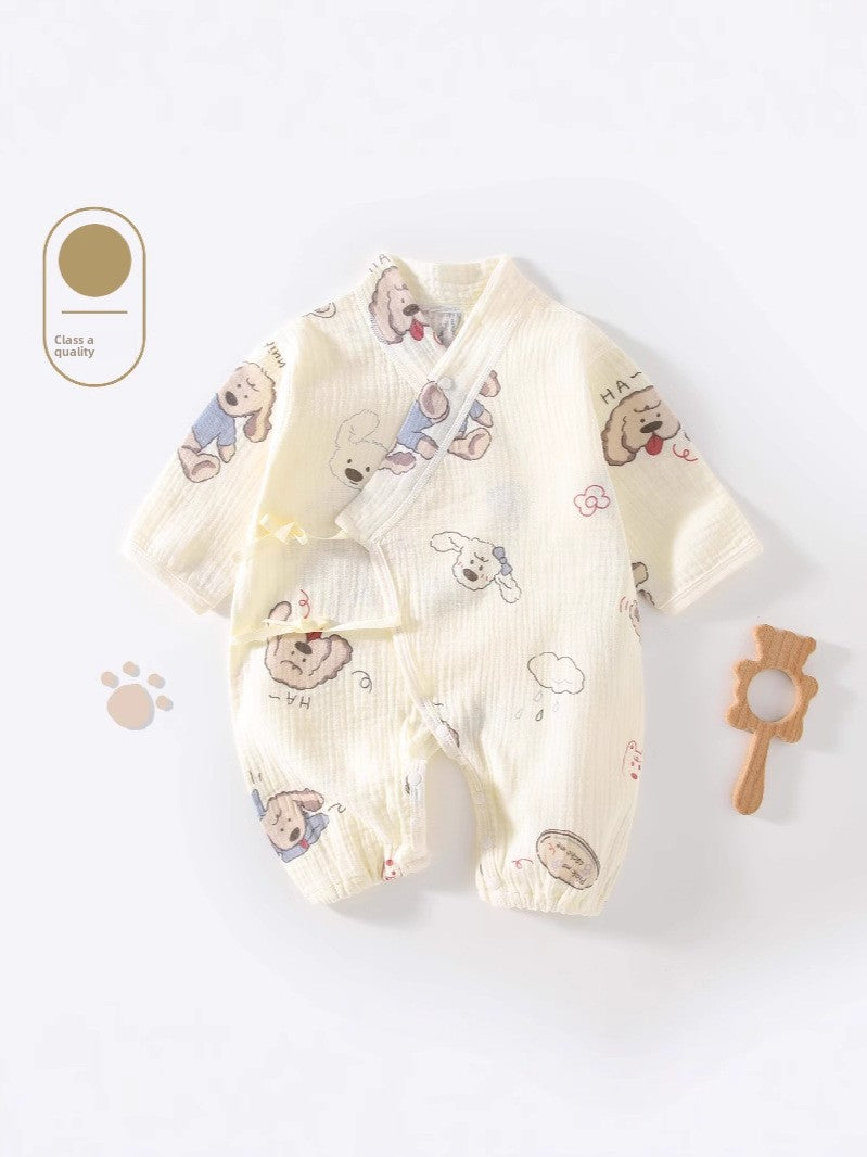 100% Cotton Baby Romper – Long Sleeve Gauze Slanted Tie Jumpsuit (Four-Season Wear)