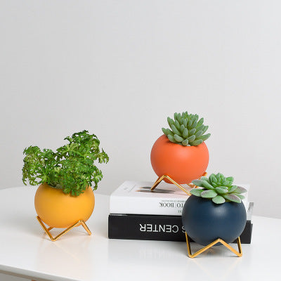 Nordic Decorative Potted Plant – Modern Ceramic & Iron Frame Succulent Ornament