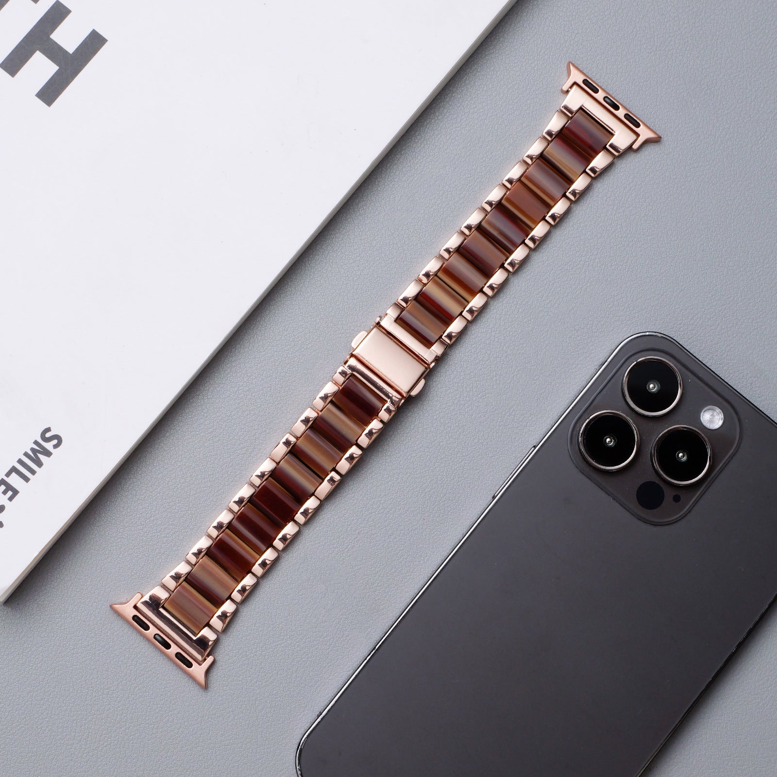 Metal Rainbow Resin Apple Watch Strap – Three-Bead Folding Buckle Replacement Band