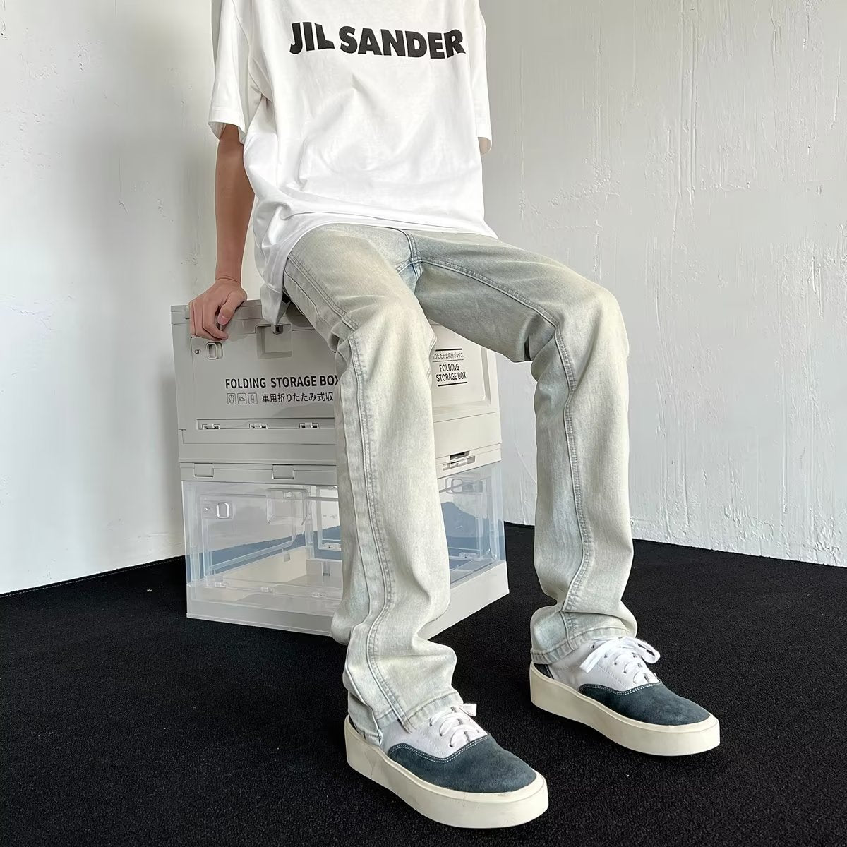 Vintage Washed Distressed Straight-Leg Denim Jeans – Loose Fit Cotton Pants